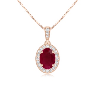 7x5mm A Vintage Style Oval Ruby Pendant with Diamond Halo in Rose Gold