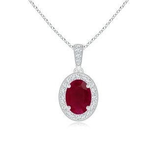 7x5mm A Vintage Style Oval Ruby Pendant with Diamond Halo in White Gold