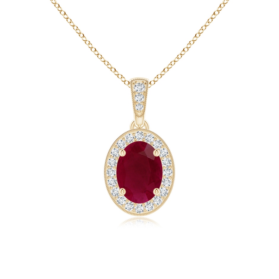 7x5mm A Vintage Style Oval Ruby Pendant with Diamond Halo in Yellow Gold 