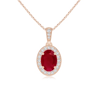 7x5mm AA Vintage Style Oval Ruby Pendant with Diamond Halo in 9K Rose Gold