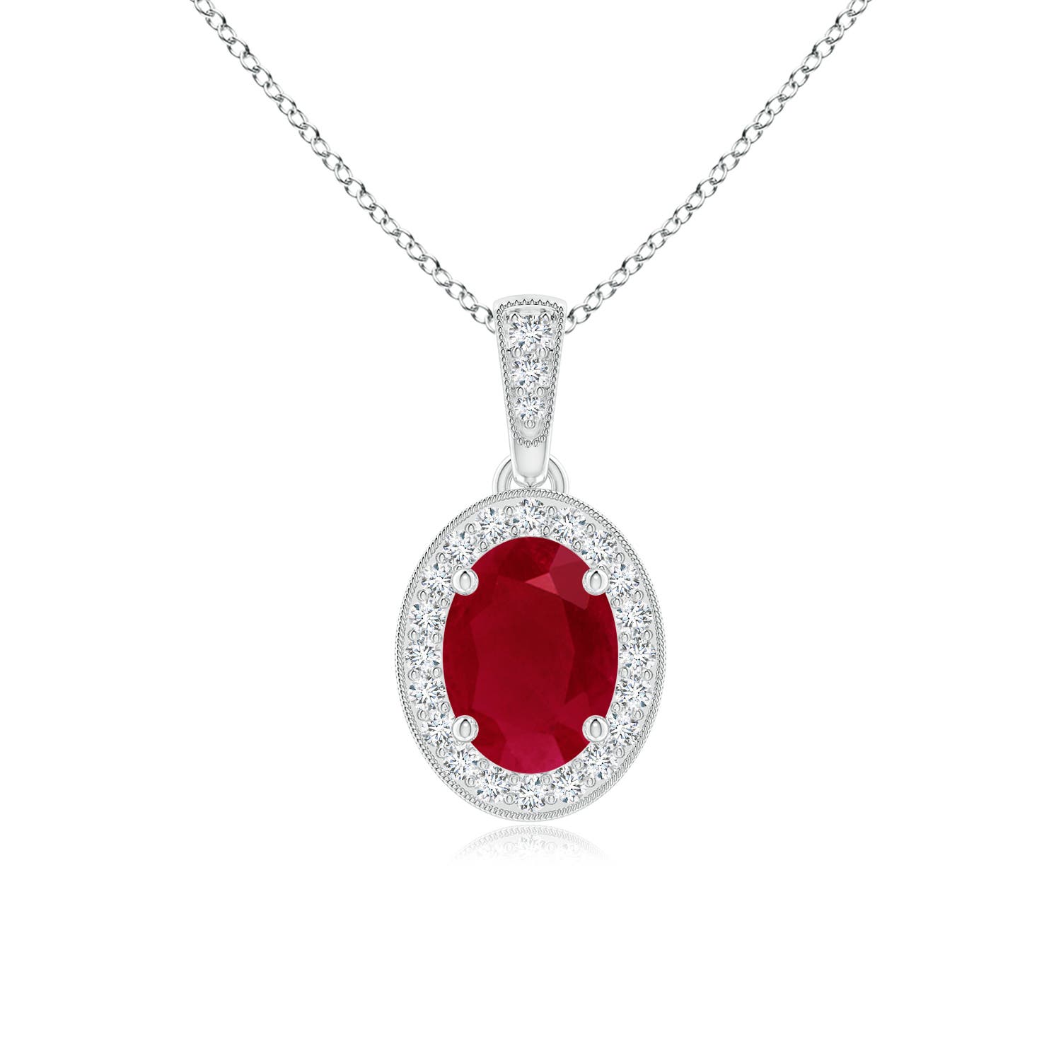 7x5mm AA Vintage Style Oval Ruby Pendant with Diamond Halo in P950 Platinum