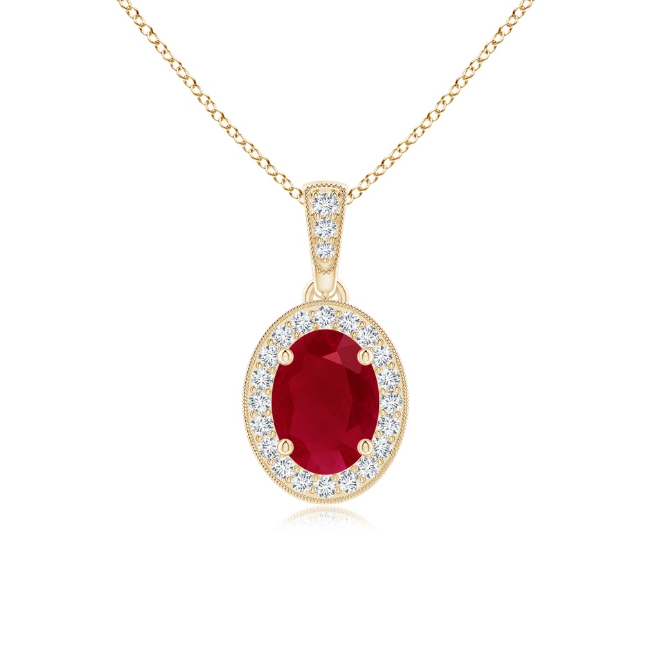 7x5mm AA Vintage Style Oval Ruby Pendant with Diamond Halo in Yellow Gold 