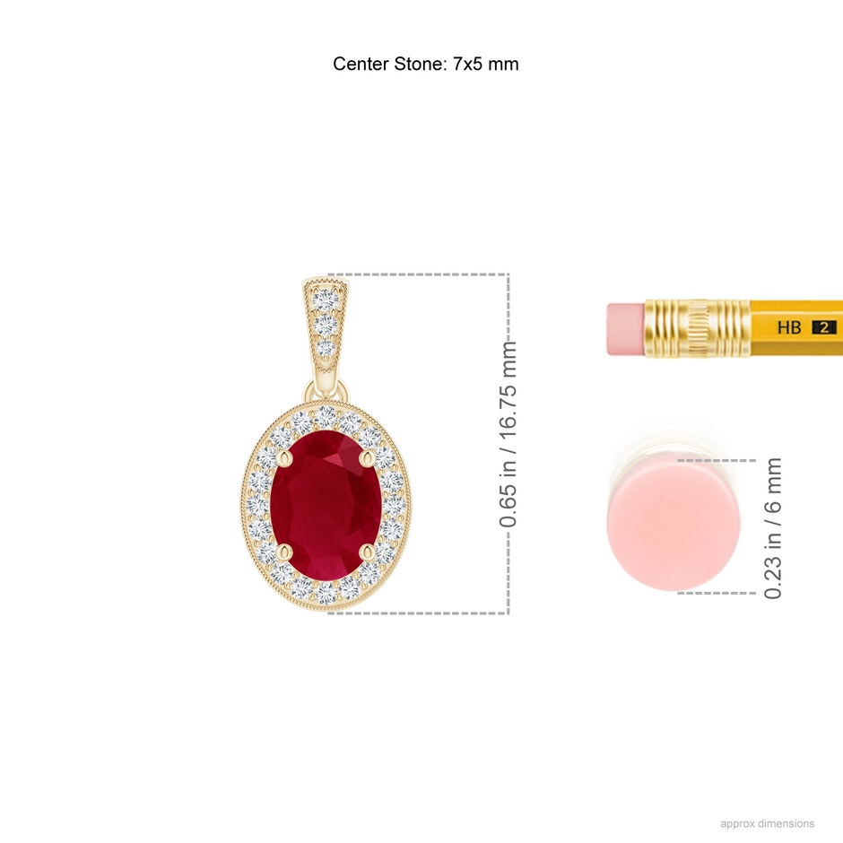 7x5mm AA Vintage Style Oval Ruby Pendant with Diamond Halo in Yellow Gold ruler