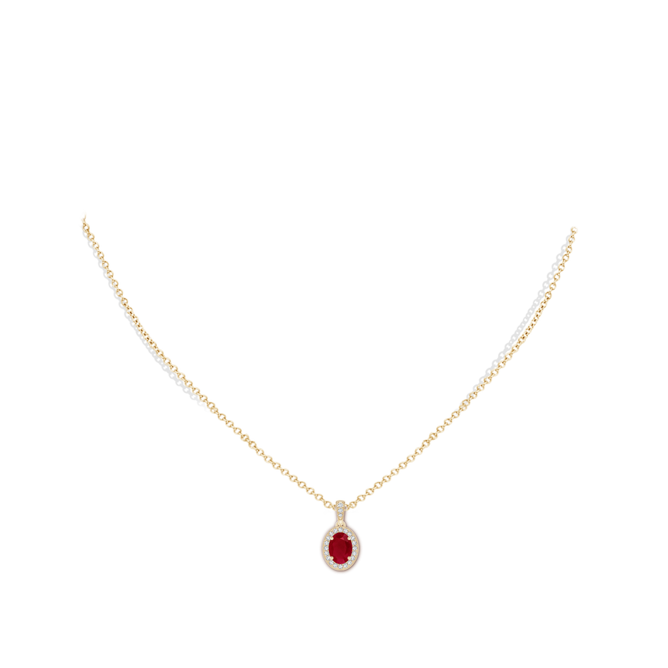 7x5mm AA Vintage Style Oval Ruby Pendant with Diamond Halo in Yellow Gold body-neck
