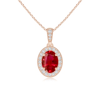 7x5mm AAA Vintage Style Oval Ruby Pendant with Diamond Halo in 9K Rose Gold