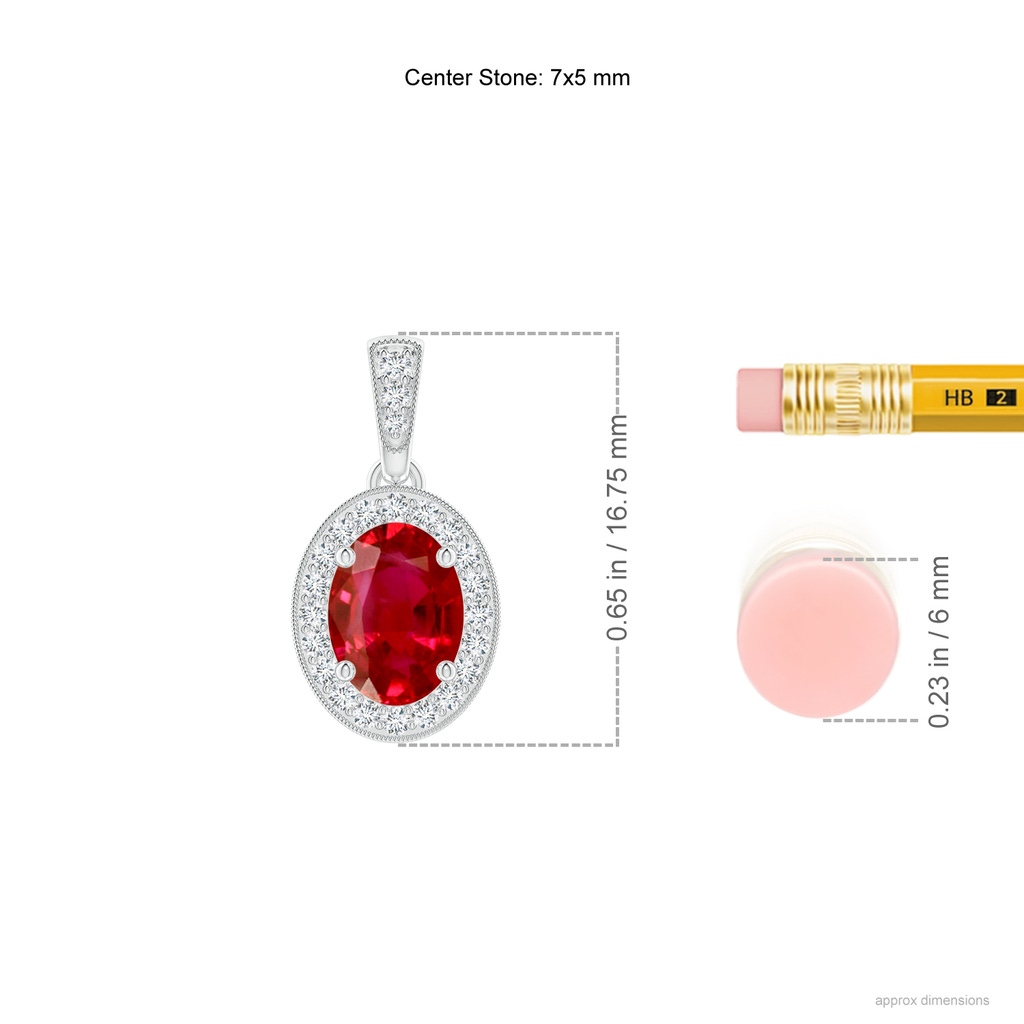 7x5mm AAA Vintage Style Oval Ruby Pendant with Diamond Halo in White Gold Ruler