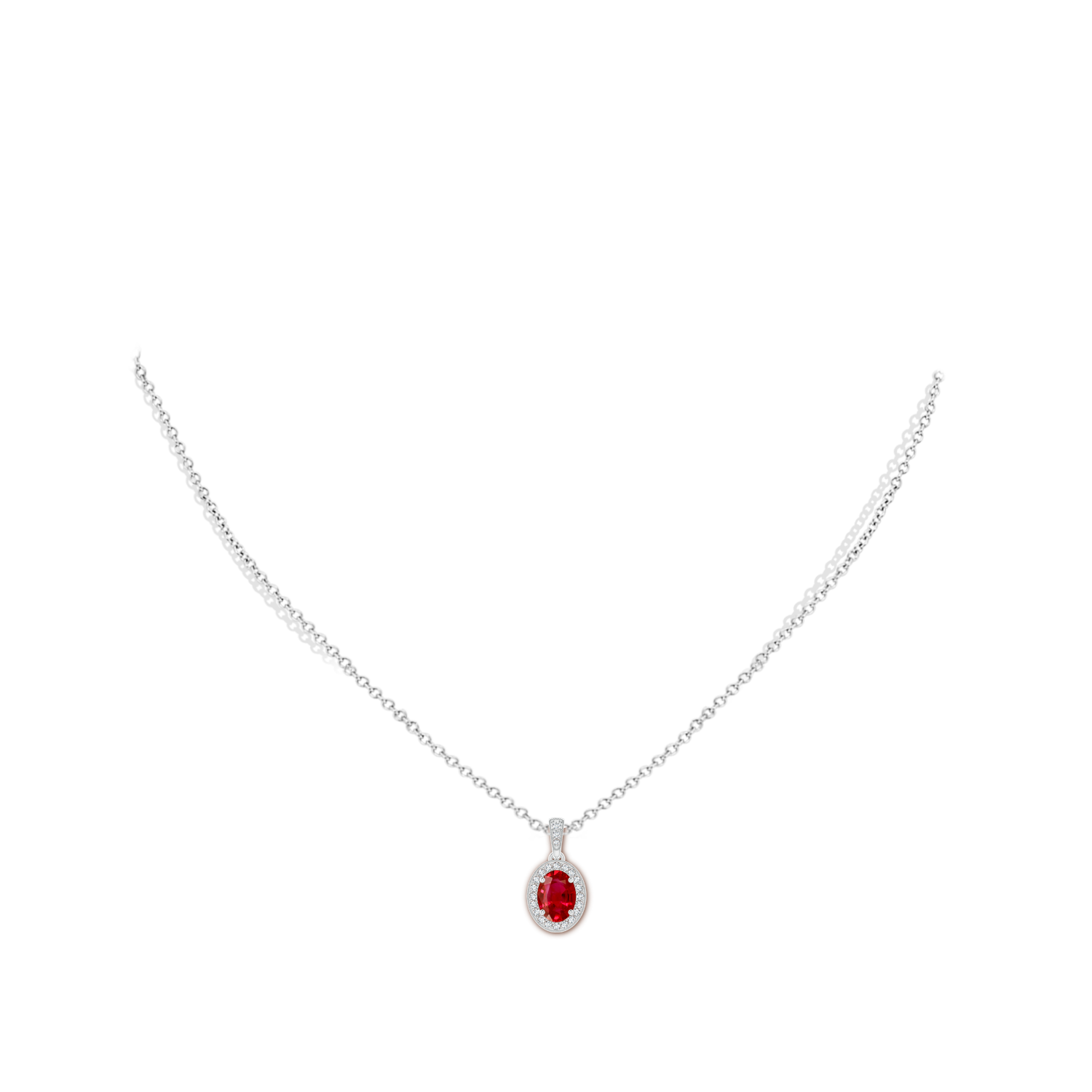 7x5mm AAA Vintage Style Oval Ruby Pendant with Diamond Halo in White Gold - body_neck