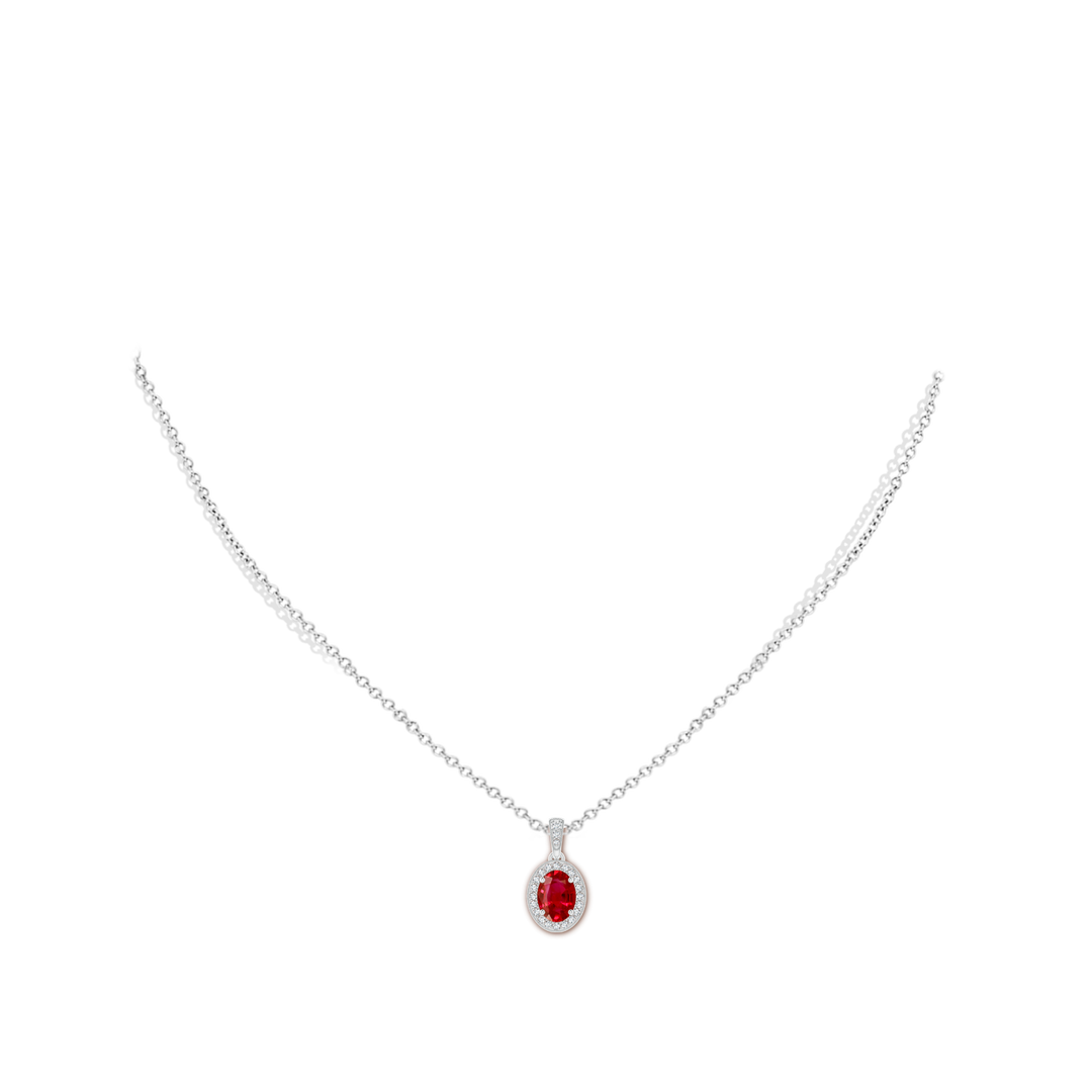 7x5mm AAA Vintage Style Oval Ruby Pendant with Diamond Halo in White Gold - body_neck