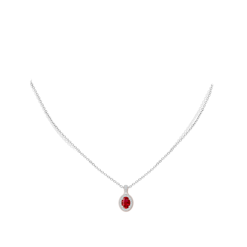 7x5mm AAA Vintage Style Oval Ruby Pendant with Diamond Halo in White Gold Body-Neck