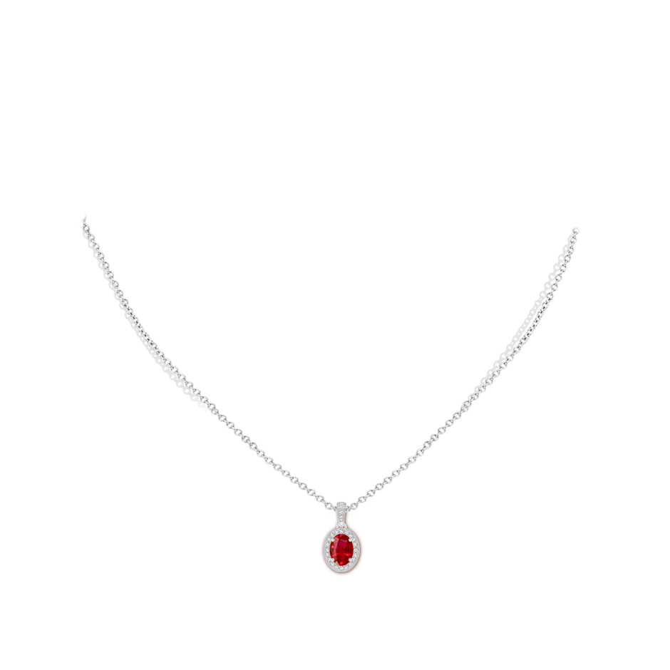 7x5mm AAA Vintage Style Oval Ruby Pendant with Diamond Halo in White Gold body-neck