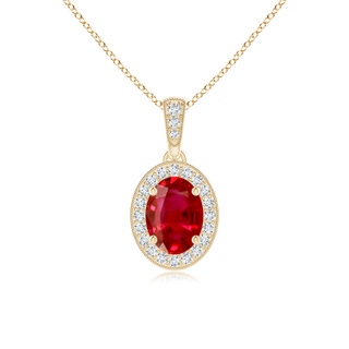 7x5mm AAA Vintage Style Oval Ruby Pendant with Diamond Halo in Yellow Gold