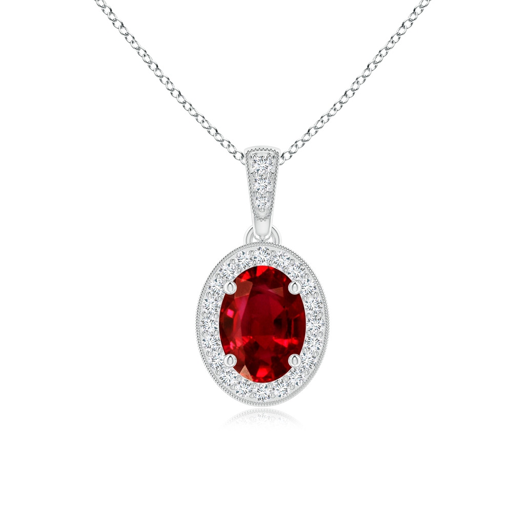 7x5mm AAAA Vintage Style Oval Ruby Pendant with Diamond Halo in P950 Platinum