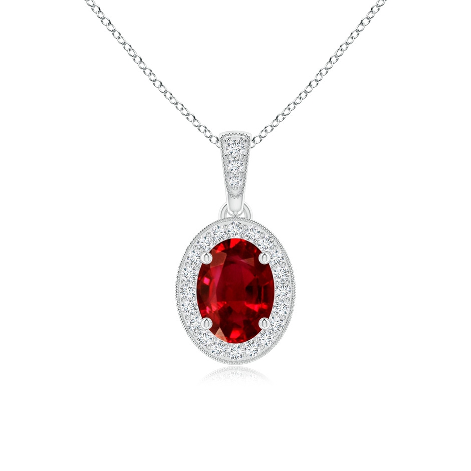 7x5mm Lab-Grown Vintage Style Oval Ruby Pendant with Diamond Halo in White Gold 