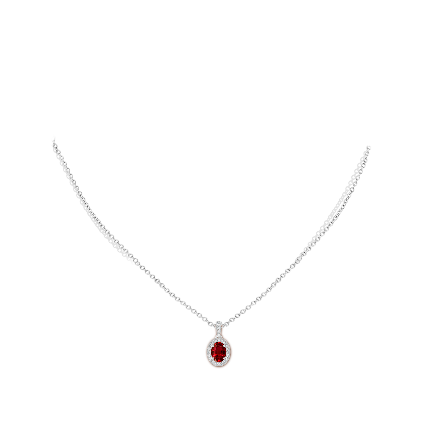 7x5mm AAAA Vintage Style Oval Ruby Pendant with Diamond Halo in White Gold - body_neck
