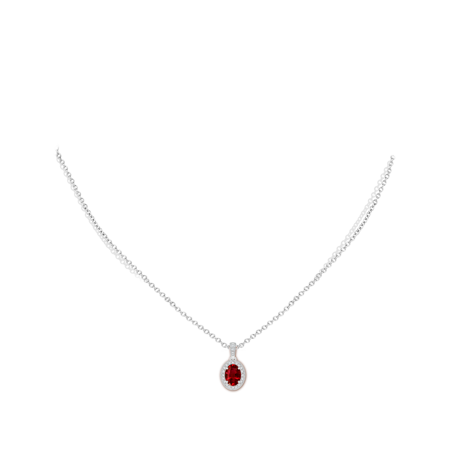 7x5mm AAAA Vintage Style Oval Ruby Pendant with Diamond Halo in White Gold body-neck