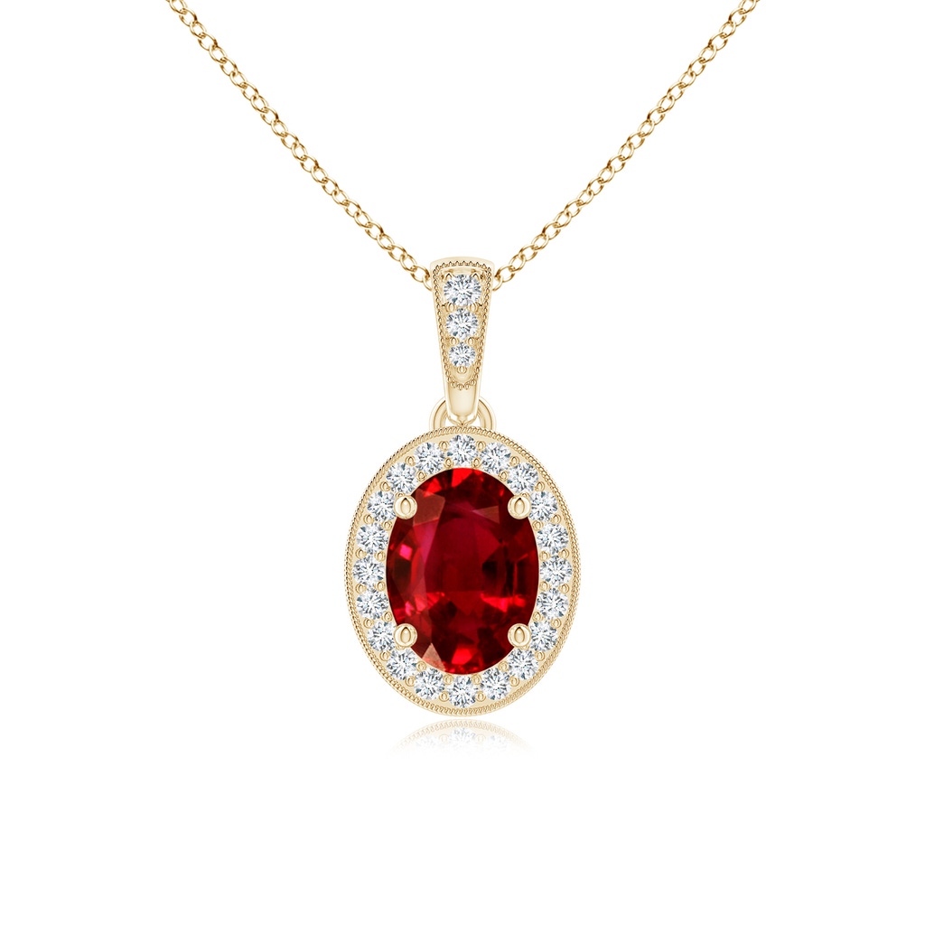 7x5mm AAAA Vintage Style Oval Ruby Pendant with Diamond Halo in Yellow Gold