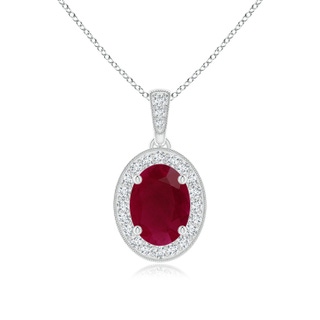 8x6mm A Vintage Style Oval Ruby Pendant with Diamond Halo in White Gold