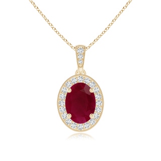 8x6mm A Vintage Style Oval Ruby Pendant with Diamond Halo in Yellow Gold