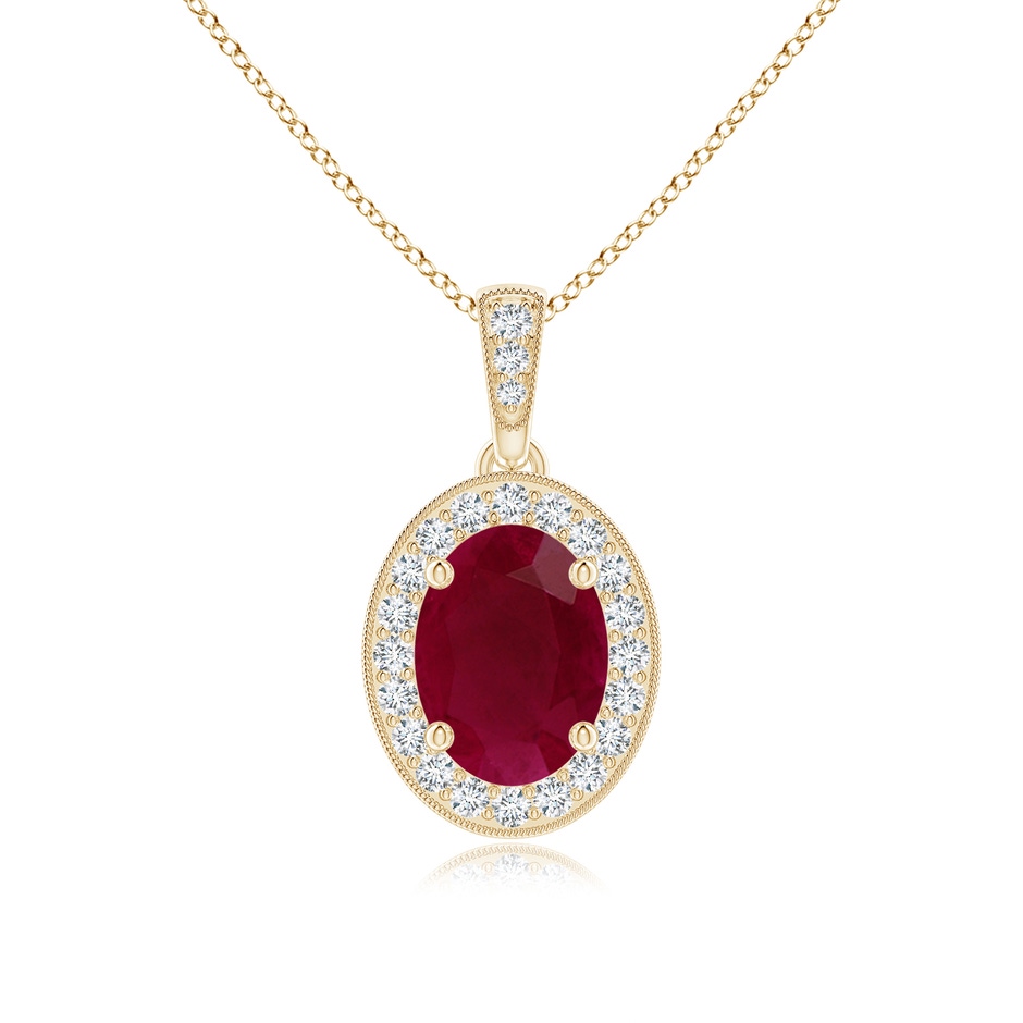 8x6mm A Vintage Style Oval Ruby Pendant with Diamond Halo in Yellow Gold 