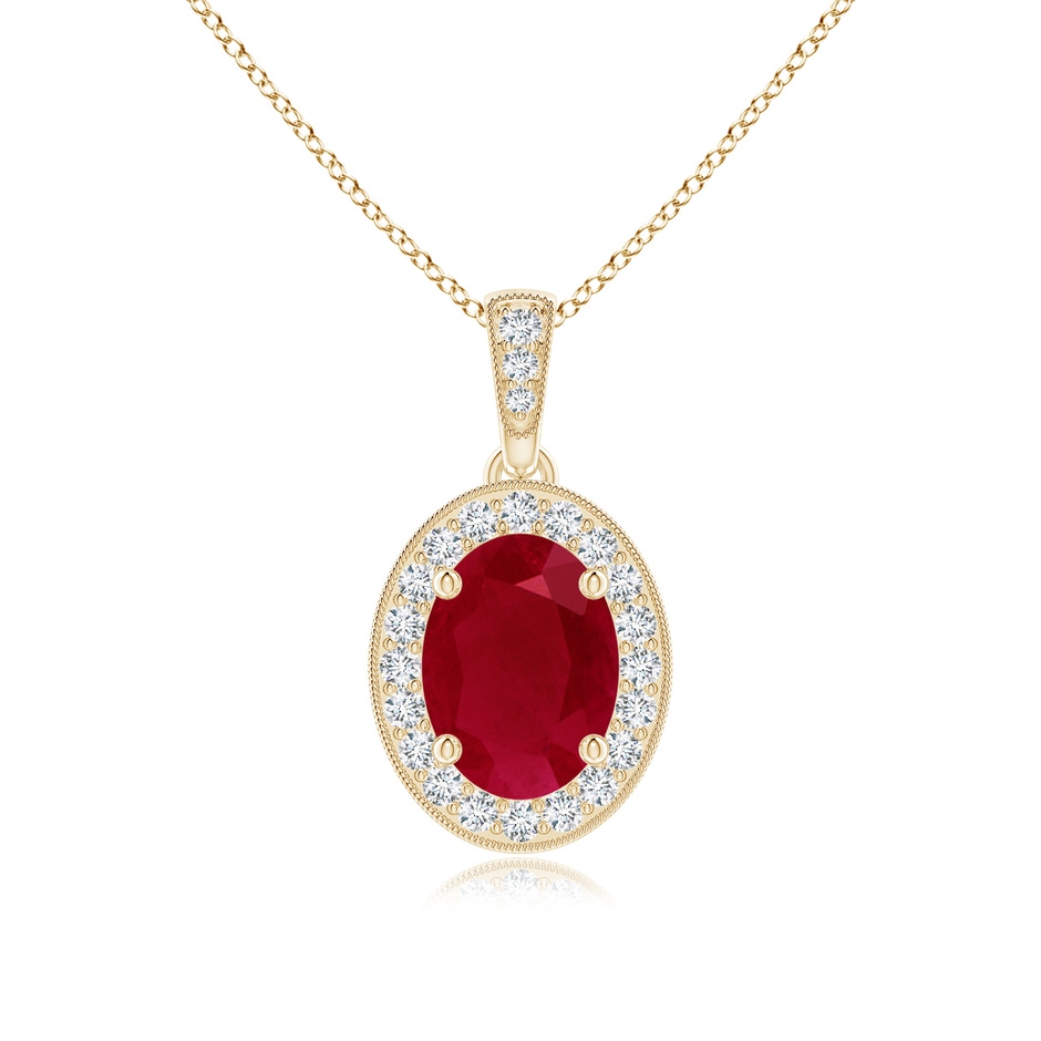 8x6mm AA Vintage Style Oval Ruby Pendant with Diamond Halo in Yellow Gold 