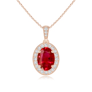 8x6mm AAA Vintage Style Oval Ruby Pendant with Diamond Halo in Rose Gold