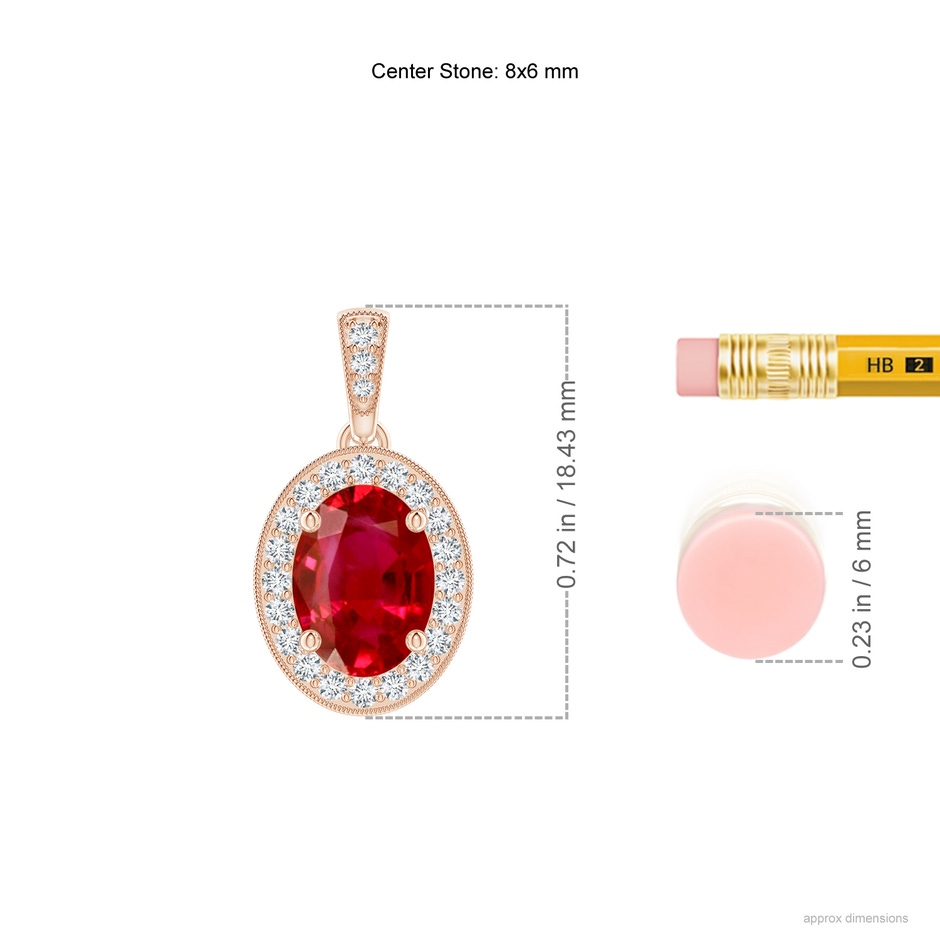 8x6mm AAA Vintage Style Oval Ruby Pendant with Diamond Halo in Rose Gold ruler