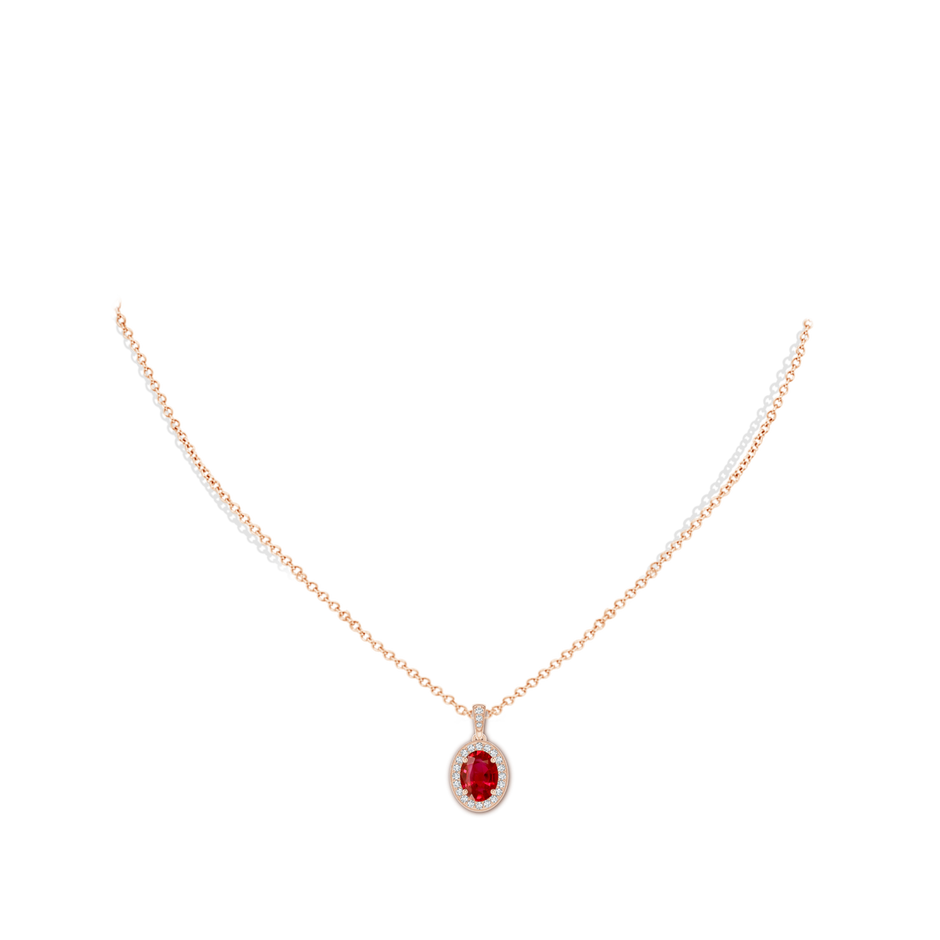 8x6mm AAA Vintage Style Oval Ruby Pendant with Diamond Halo in Rose Gold body-neck