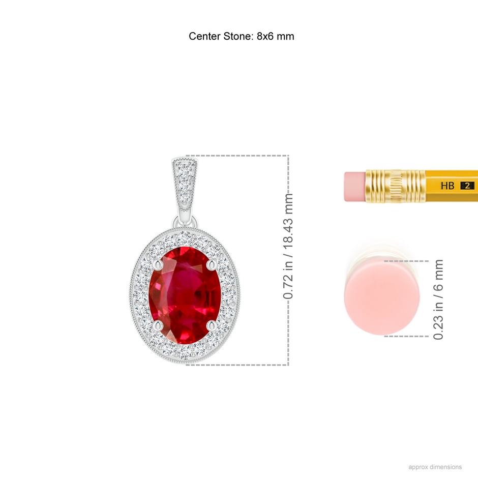 8x6mm AAA Vintage Style Oval Ruby Pendant with Diamond Halo in White Gold ruler