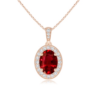8x6mm AAAA Vintage Style Oval Ruby Pendant with Diamond Halo in 9K Rose Gold