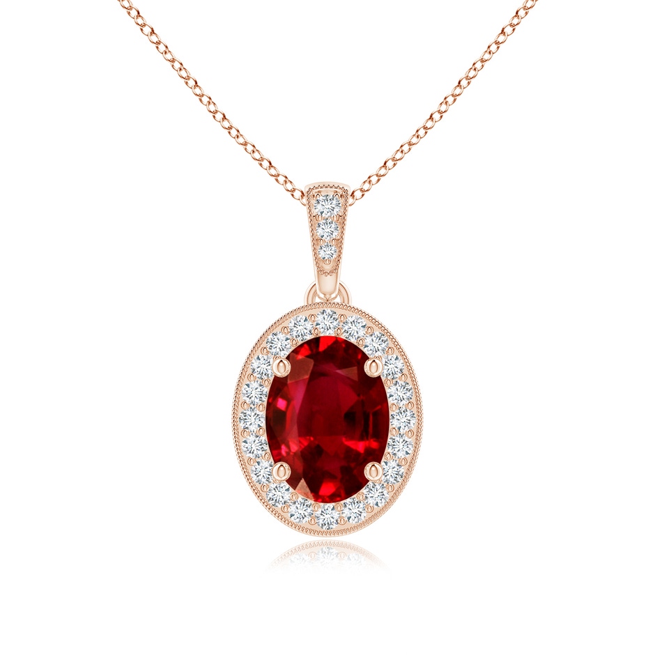 8x6mm AAAA Vintage Style Oval Ruby Pendant with Diamond Halo in Rose Gold 