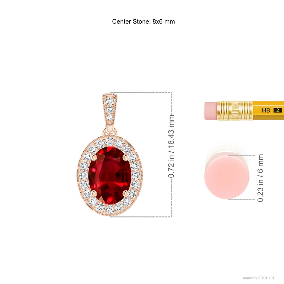8x6mm AAAA Vintage Style Oval Ruby Pendant with Diamond Halo in Rose Gold ruler