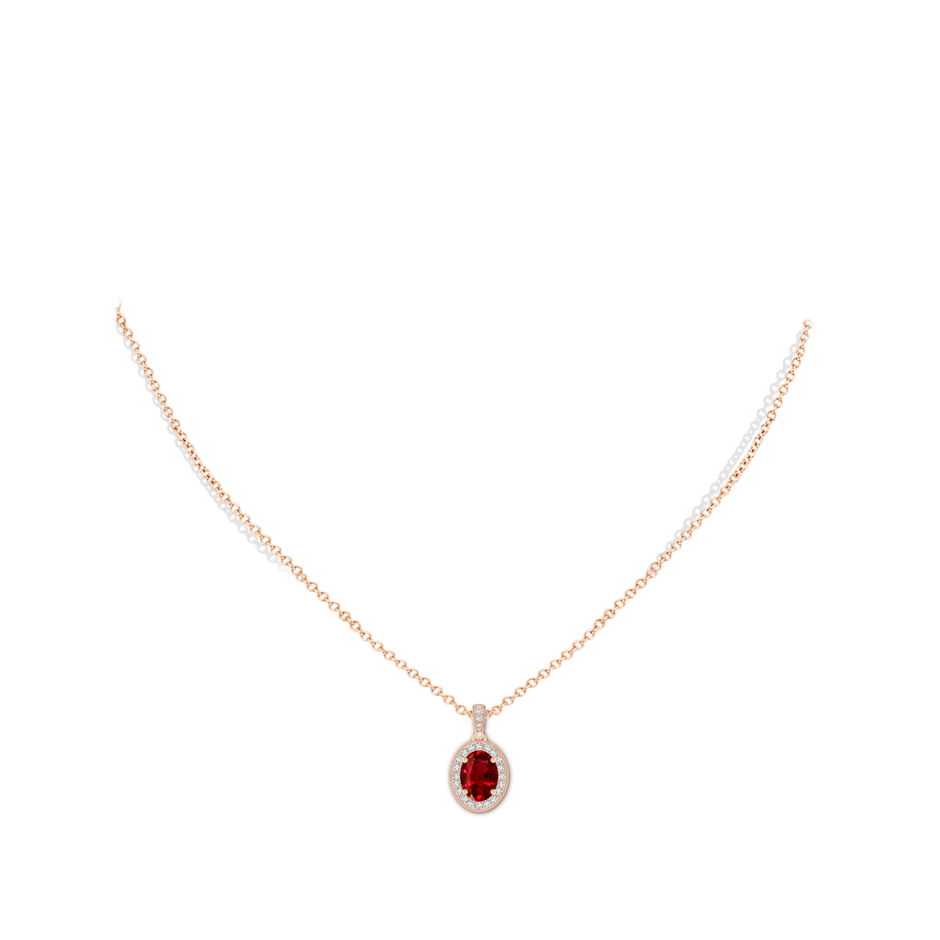8x6mm AAAA Vintage Style Oval Ruby Pendant with Diamond Halo in Rose Gold body-neck