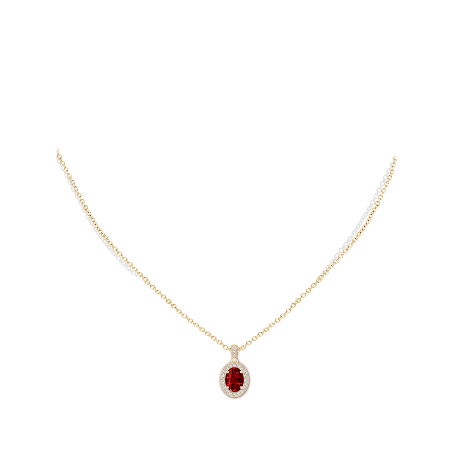 8x6mm AAAA Vintage Style Oval Ruby Pendant with Diamond Halo in Yellow Gold body-neck