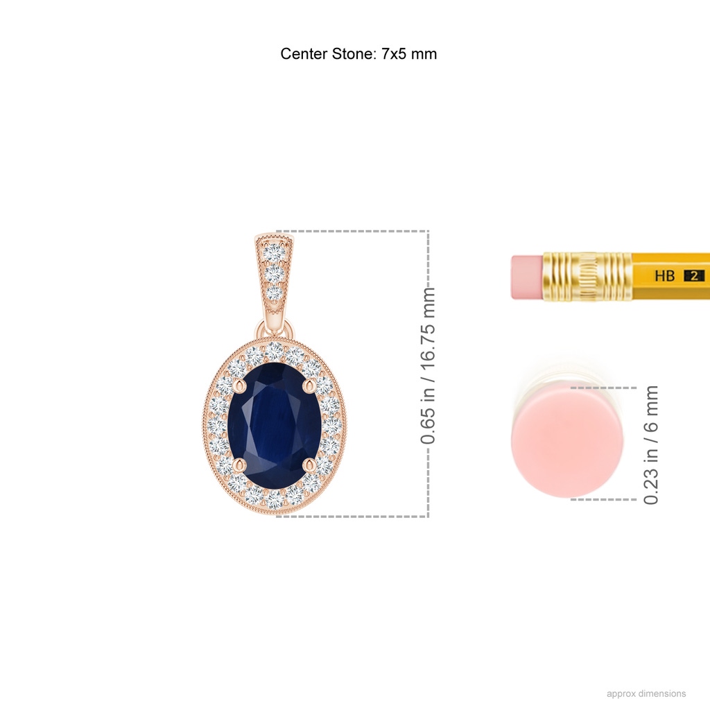 7x5mm A Vintage Style Oval Sapphire Pendant with Diamond Halo in Rose Gold ruler