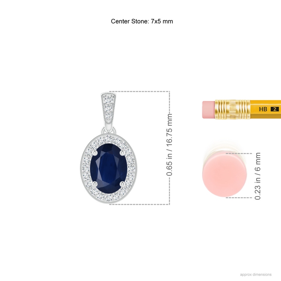 7x5mm A Vintage Style Oval Sapphire Pendant with Diamond Halo in White Gold ruler