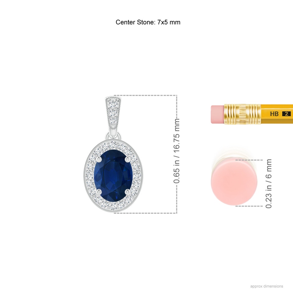 7x5mm AA Vintage Style Oval Sapphire Pendant with Diamond Halo in White Gold ruler