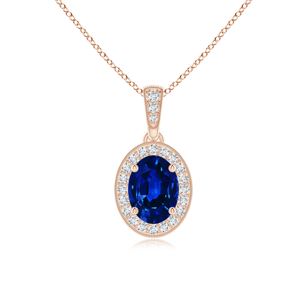 7x5mm AAAA Vintage Style Oval Sapphire Pendant with Diamond Halo in Rose Gold