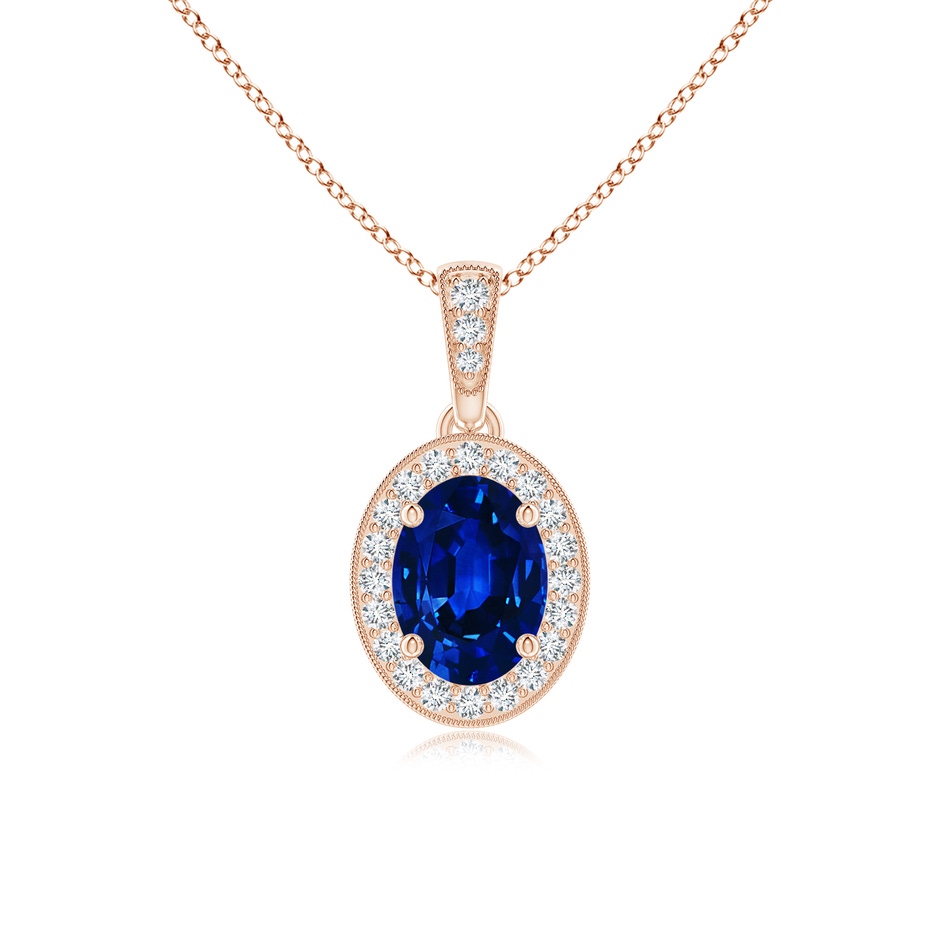 7x5mm AAAA Vintage Style Oval Sapphire Pendant with Diamond Halo in Rose Gold 