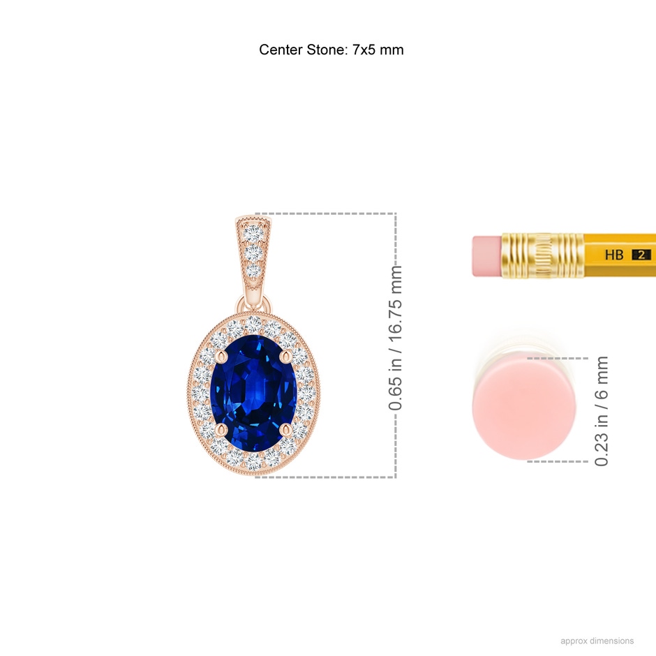 7x5mm AAAA Vintage Style Oval Sapphire Pendant with Diamond Halo in Rose Gold ruler