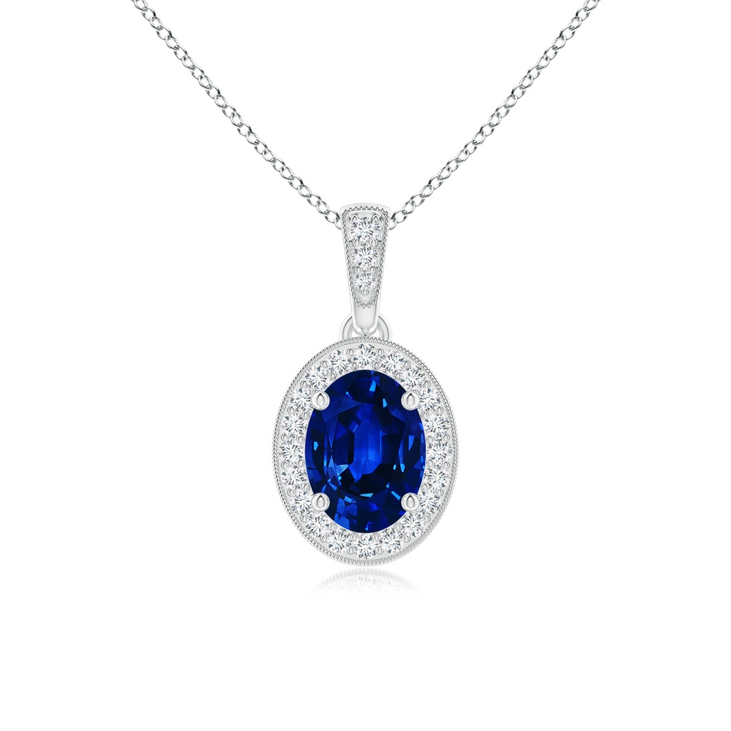 7x5mm AAAA Vintage Style Oval Sapphire Pendant with Diamond Halo in White Gold