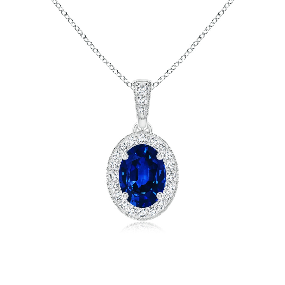 7x5mm Lab-Grown Vintage Style Oval Sapphire Pendant with Diamond Halo in White Gold 