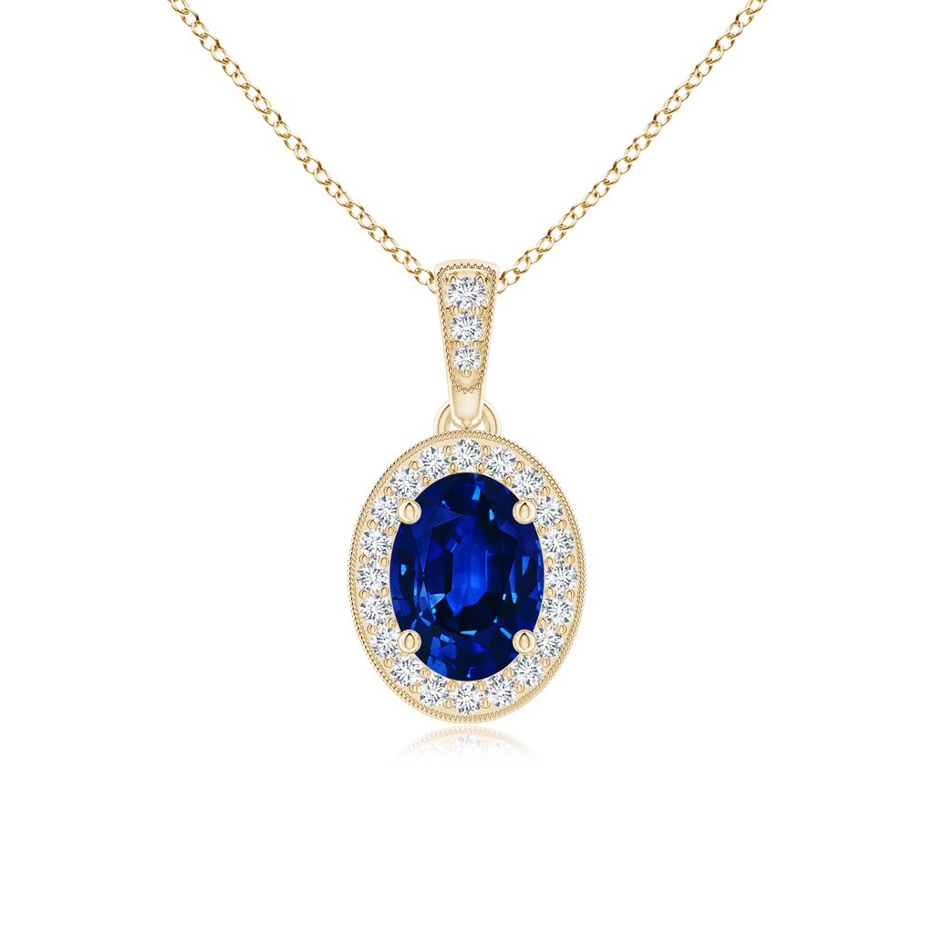 7x5mm AAAA Vintage Style Oval Sapphire Pendant with Diamond Halo in Yellow Gold