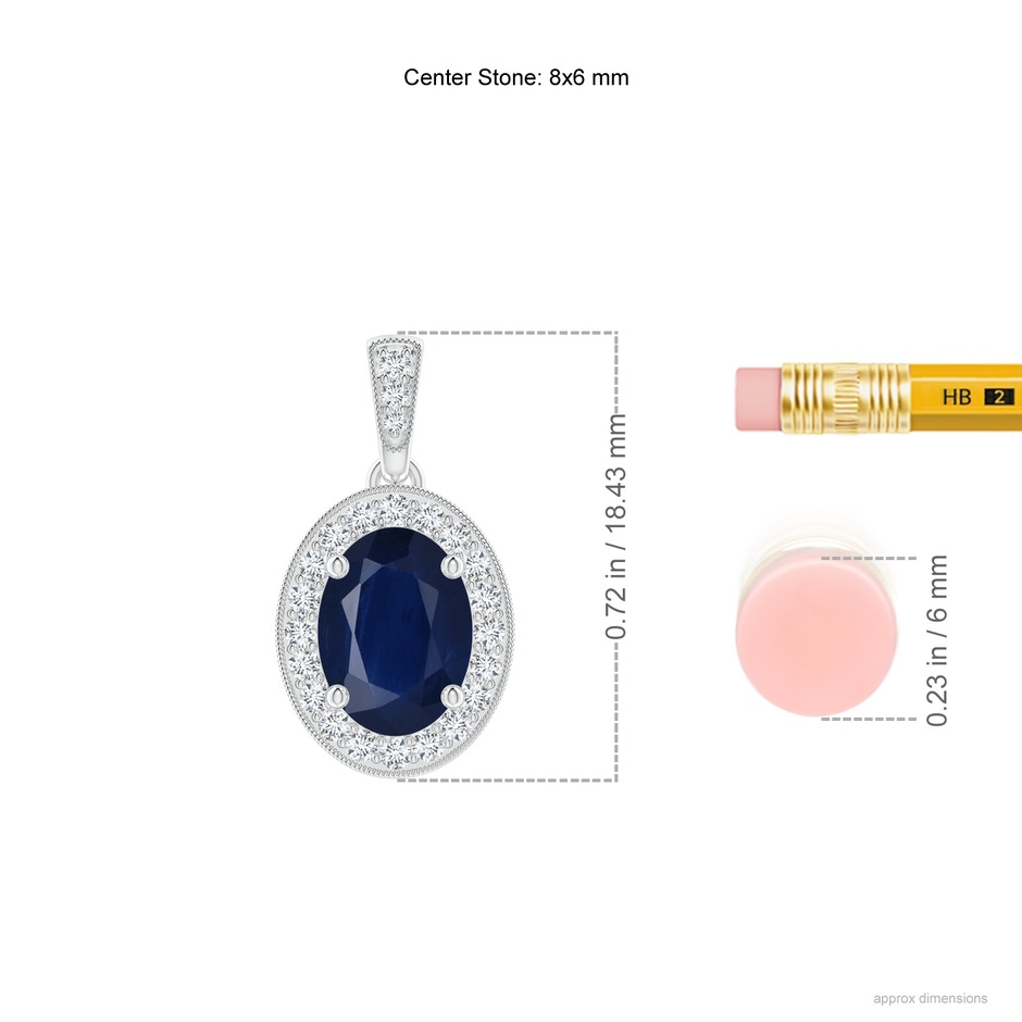 8x6mm A Vintage Style Oval Sapphire Pendant with Diamond Halo in White Gold ruler