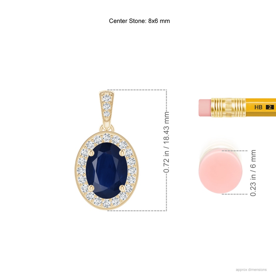 8x6mm A Vintage Style Oval Sapphire Pendant with Diamond Halo in Yellow Gold ruler
