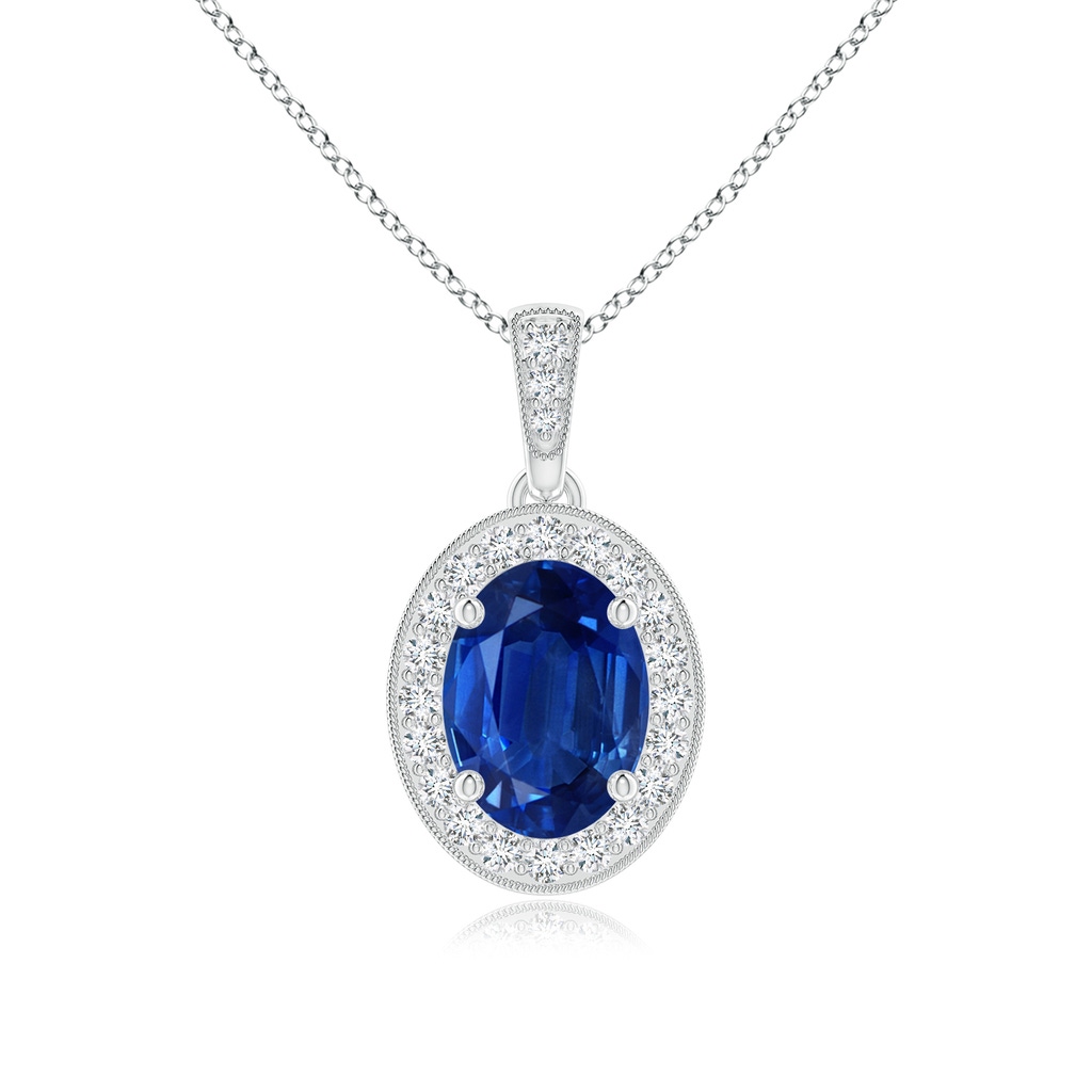 8x6mm AAA Vintage Style Oval Sapphire Pendant with Diamond Halo in White Gold