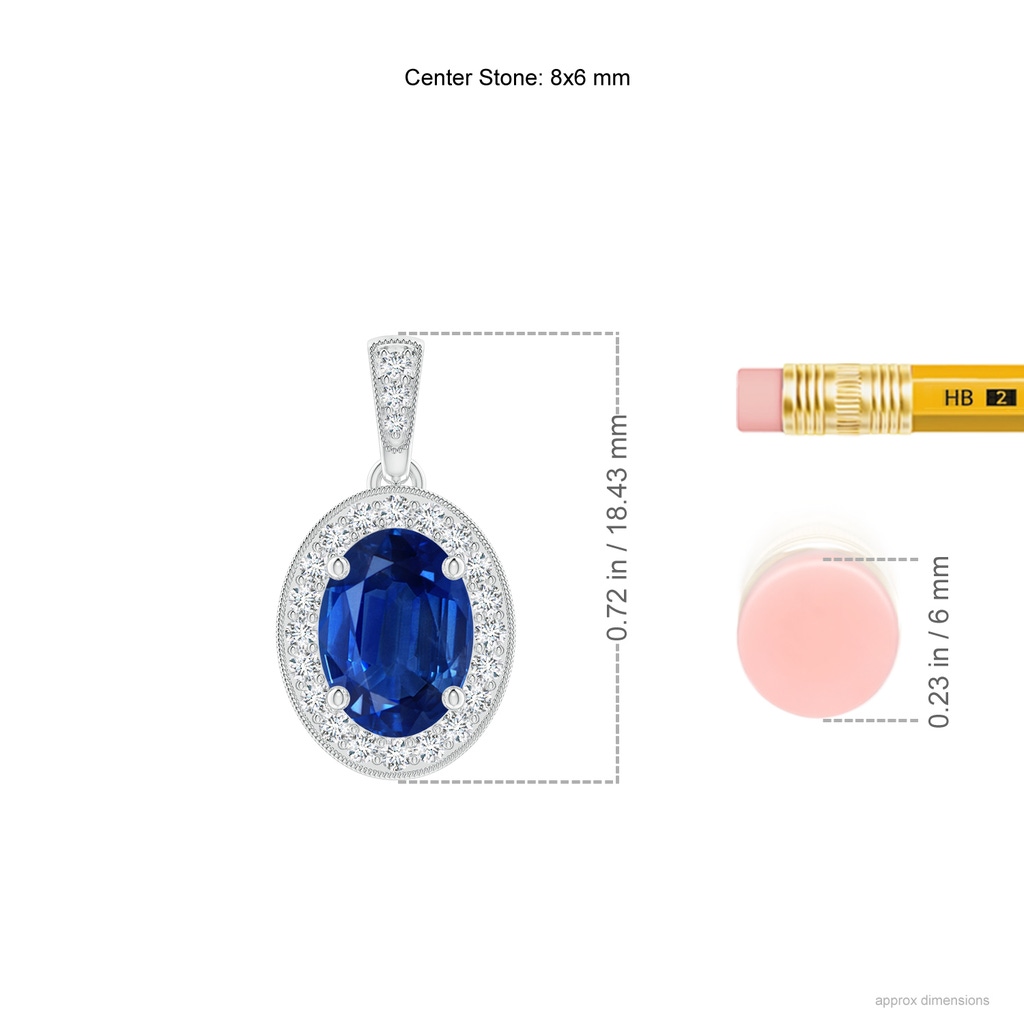 8x6mm AAA Vintage Style Oval Sapphire Pendant with Diamond Halo in White Gold ruler