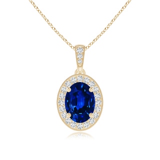 8x6mm AAAA Vintage Style Oval Sapphire Pendant with Diamond Halo in Yellow Gold