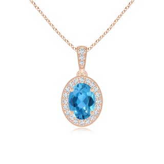 7x5mm AAA Vintage Style Oval Swiss Blue Topaz Pendant with Diamond Halo in Rose Gold