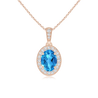 7x5mm AAAA Vintage Style Oval Swiss Blue Topaz Pendant with Diamond Halo in Rose Gold