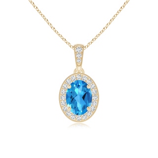 7x5mm AAAA Vintage Style Oval Swiss Blue Topaz Pendant with Diamond Halo in Yellow Gold